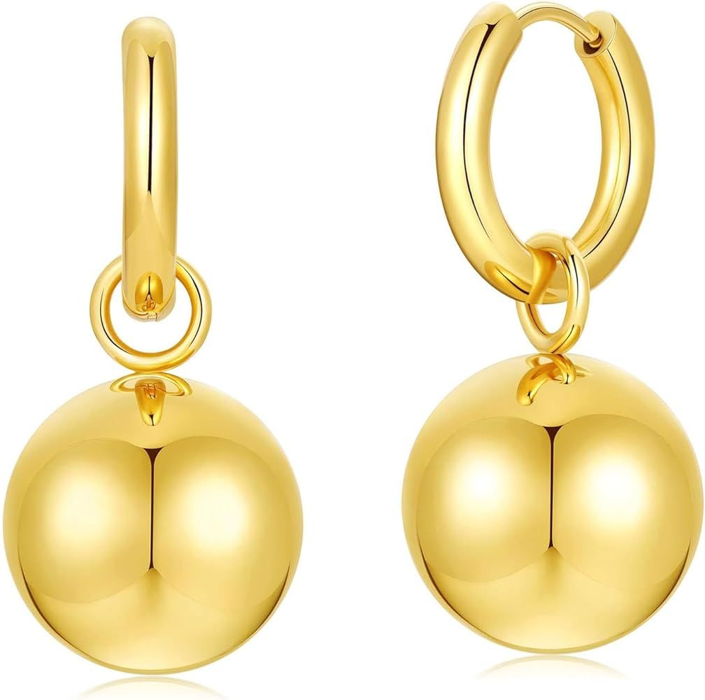 Follome Gold Ball Hoop Earrings for Women 18K Gold Puffy Ball Dangle Earrings for Women Chunky Ba... | Amazon (US)