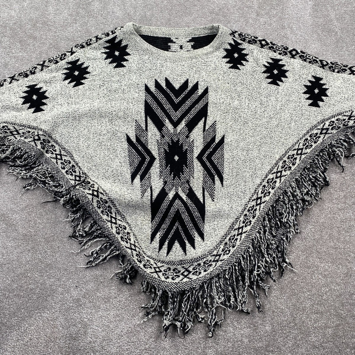 Vintage Women's Aztec Round Neck Shawl Fringe Poncho Sweater Size One Gray Black | eBay US