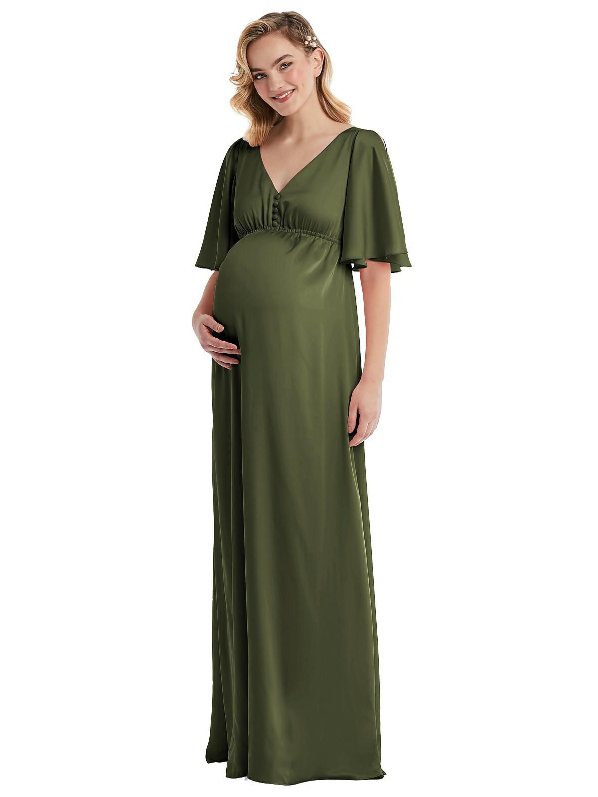 Flutter Bell Sleeve Empire Maternity Dress in Olive Green | The Dessy Group