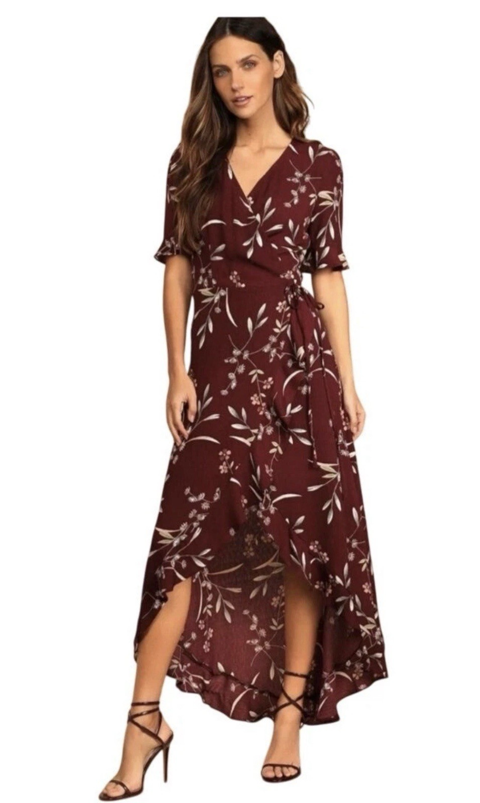 Lulus Wild Winds Burgundy Floral Print High-Low Wrap Dress Size M | eBay US