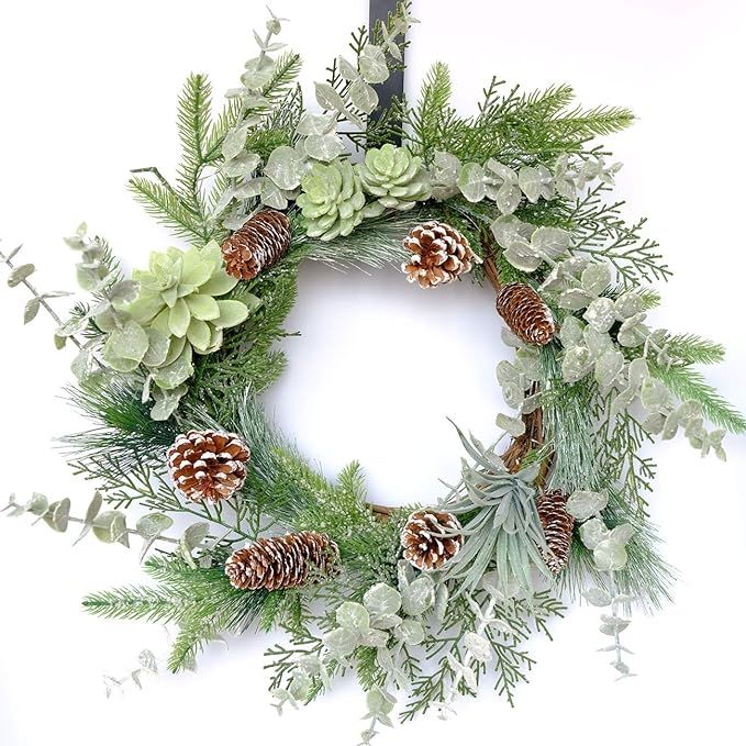 idyllic 22 Inches Greenery Wreath Snowy Pine Cone Grapevine Wreath Artificial Winter Garlands for... | Amazon (US)