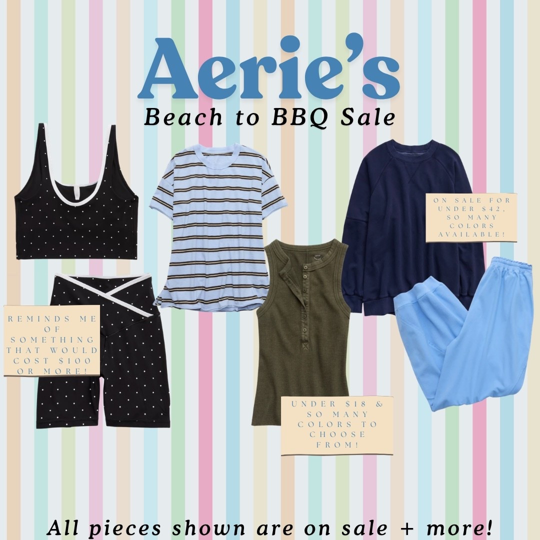 Aerie’s Beach to BBQ Sale is HERE and everything is on sale 🙌 The olive ribbed henley tank is under $18 in so many colors, the navy crewneck is under $42, and the black polka dot crossback set looks like it should cost way more than it does. All linked!

#LTKdayinmylife #LTKgrwm #LTKootd