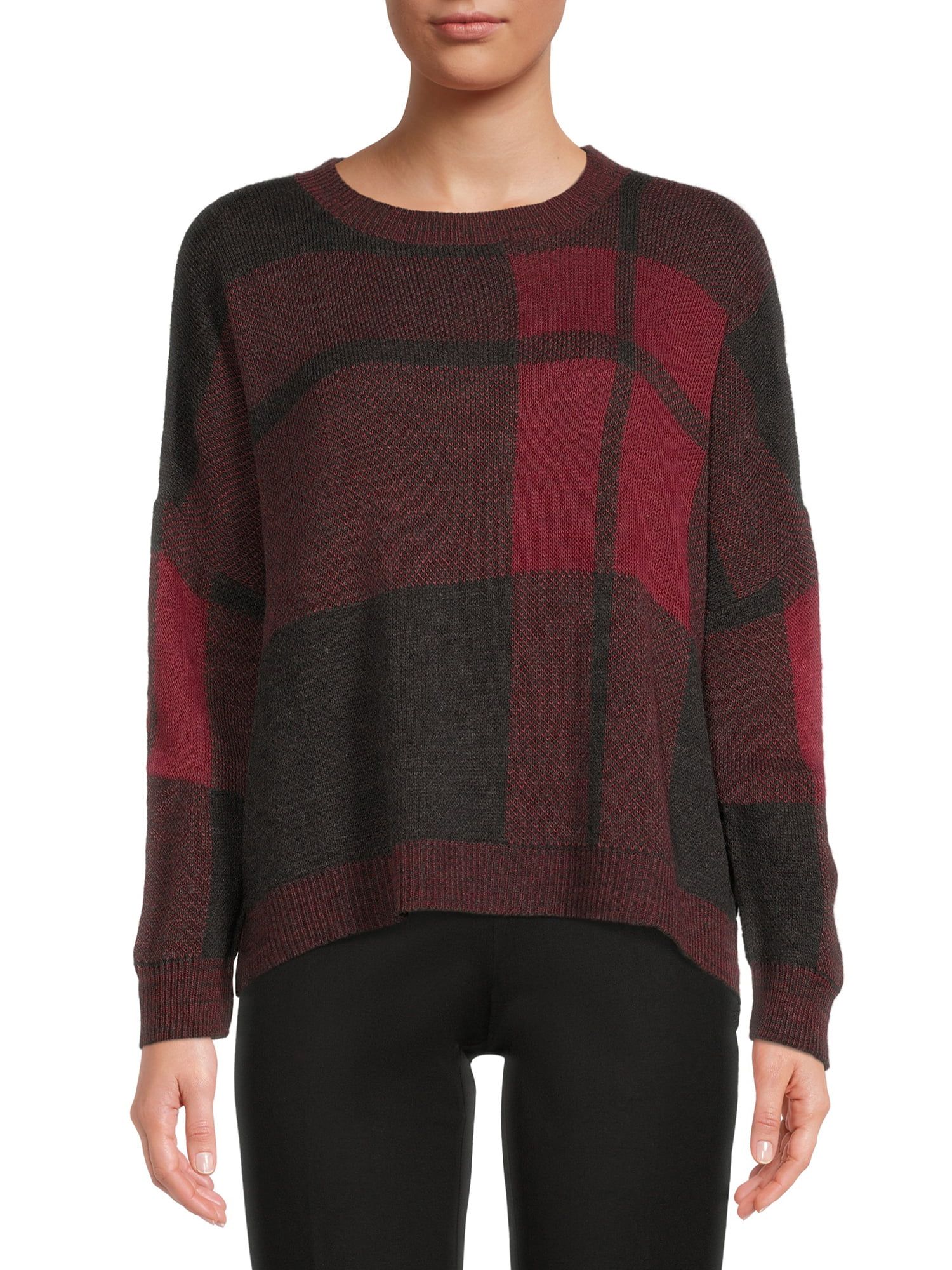 Time and Tru Women's Plaid Relaxed Fit Crew Sweater - Walmart.com | Walmart (US)