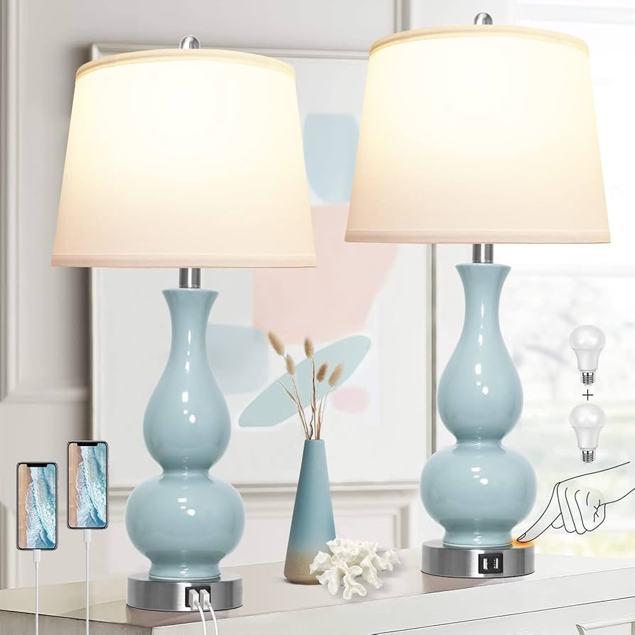 PARTPHONER Ceramic Table Lamps Set of 2, Blue Green Double Gourd Bedside Lamps with USB Charging ... | Amazon (US)