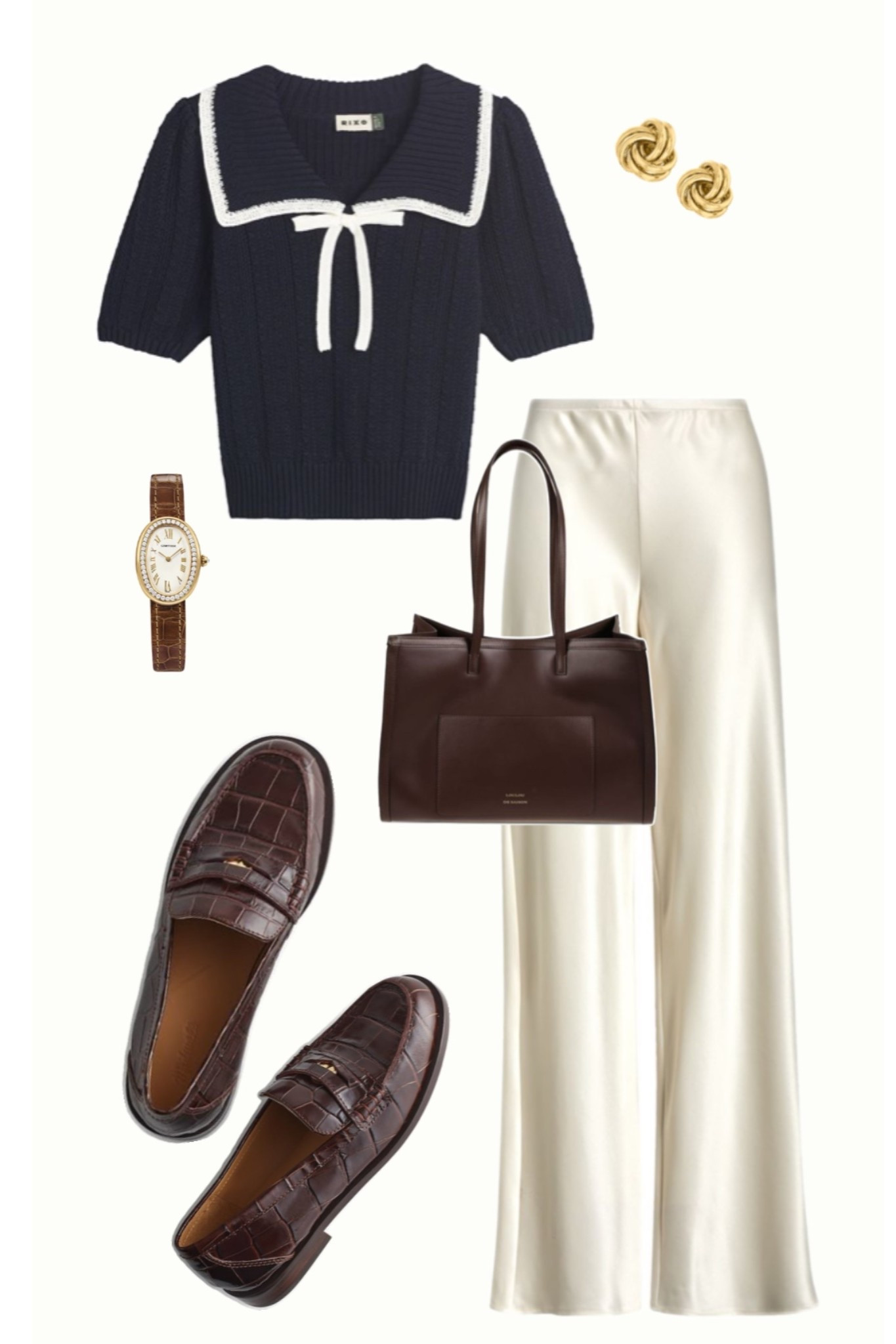Casual classy outfit, satin pants, styling loafers, how to style loafers, Peter Pan collar top, navy, neutral outfit, casual chic outfit 