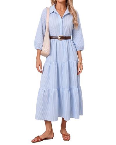 YEXPINE Women's Striped Collared Shirt Dress 3/4 Sleeve Tiered Ruffle Maxi Dress with Pockets Casual Loose A Line Flowy Long Dresses | Amazon (US)