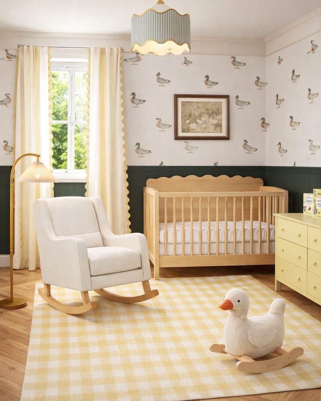 Fun and colorful Duck-themed nursery room. I love all the scalloped details and the bright yellow color. Perfect for the Summer! Scalloped crib, fun wallpaper, scalloped curtains, striped lighting. #nurserydecor #homedecor

#LTKBump #LTKBaby #LTKHome