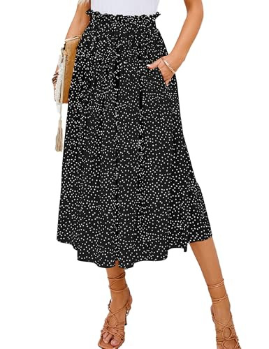 Women's Skirts High Elastic Waisted Casual Skirt Pleated Floral/Solid Midi Skirts with Pockets | Amazon (US)