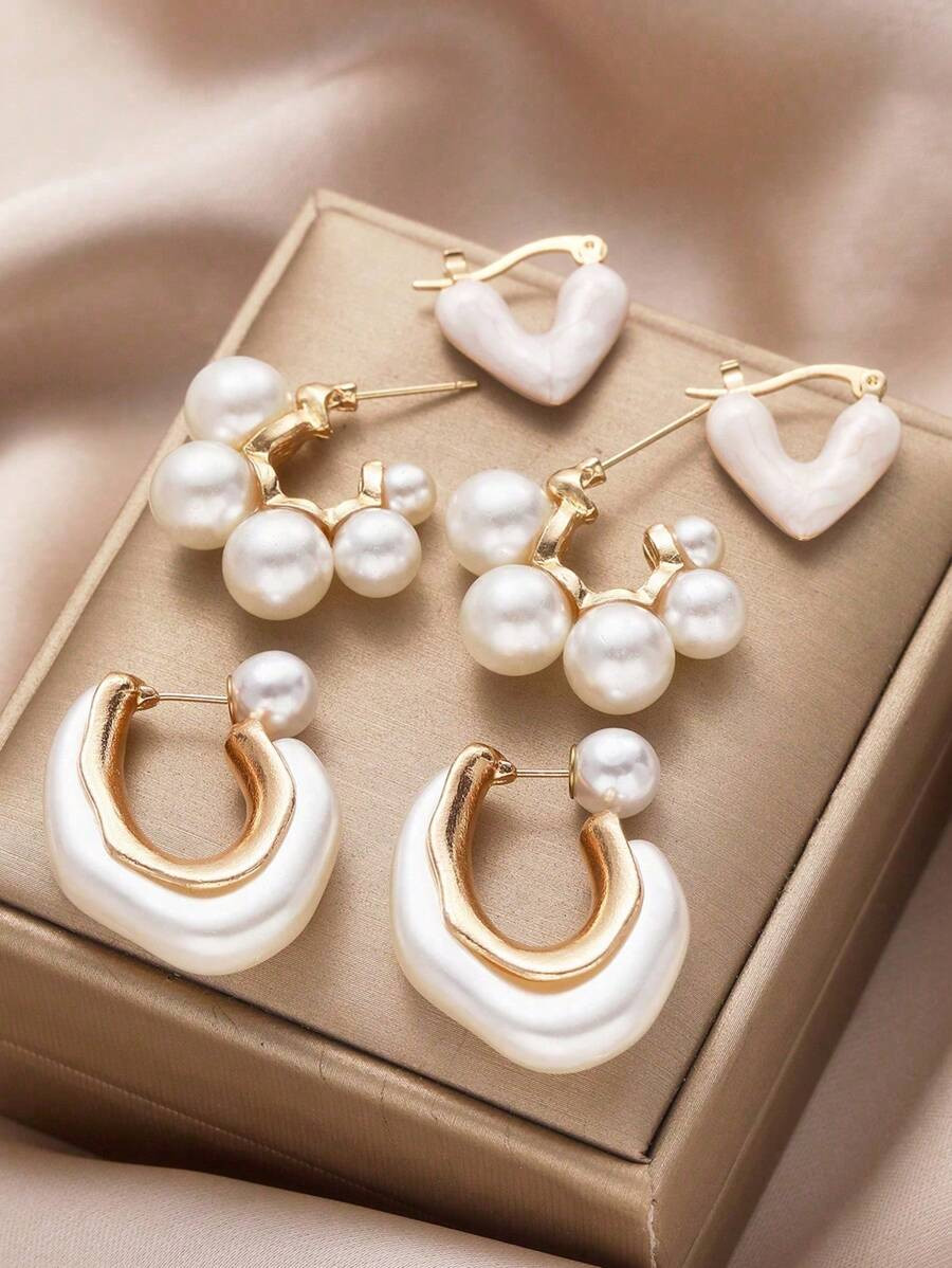 6pcs Simple Retro Irregular Drip Oil Faux Pearl Heart Shaped Earrings Set For Women, Suitable For... | SHEIN