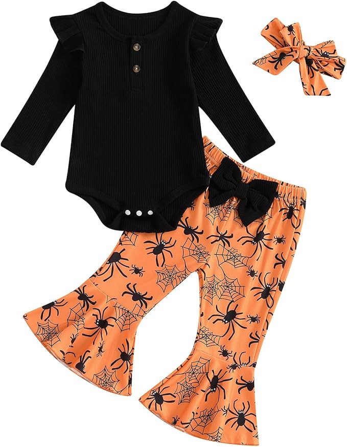 Baby Girl Halloween Outfit My First Halloween Romper Pumpkin Bell Bottoms Cute Newborn Infant Fal... | Amazon (US)