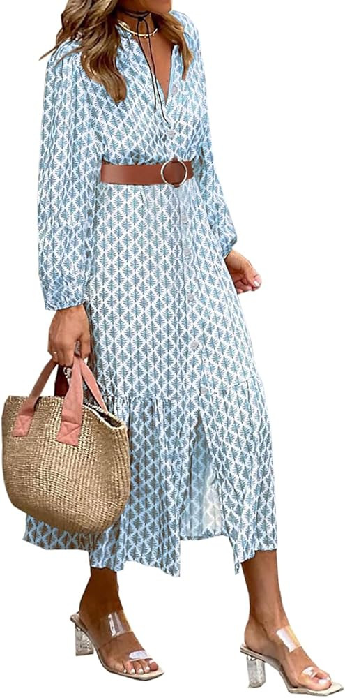 LOLONG Women's Casual Button Front Midi Dresses Fall 2024 Puff Long Sleeve Printed Ruffle Hem Boh... | Amazon (US)