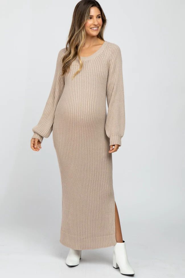Beige Side Slit Maternity Maxi Sweater Dress | PinkBlush Maternity
