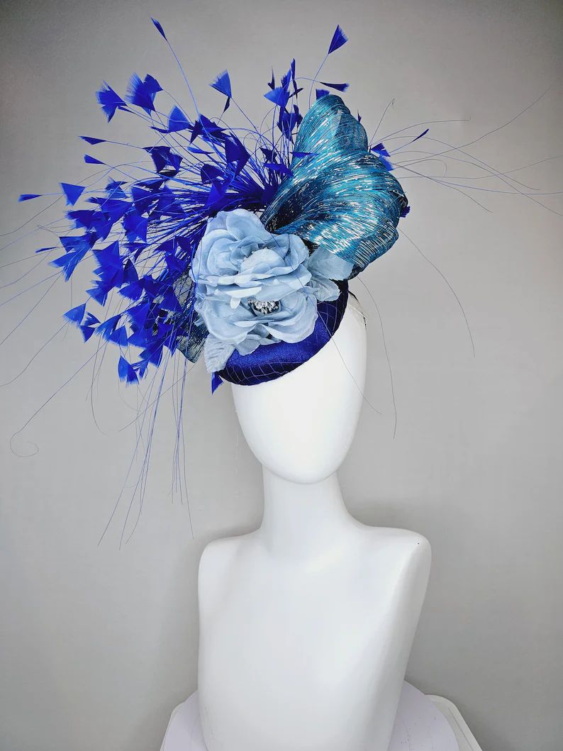 Kentucky Derby Hat Fascinator Royal Blue Satin With Light Blue Satin Flowers Royal Blue Feathers ... | Etsy (US)