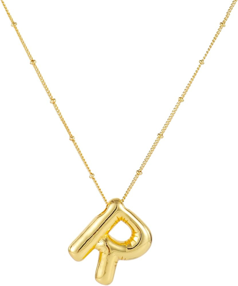 Necklace, 14k Gold Plated Balloon Initial Necklace Personalized Balloon Alphabet Pendant Necklace... | Amazon (US)