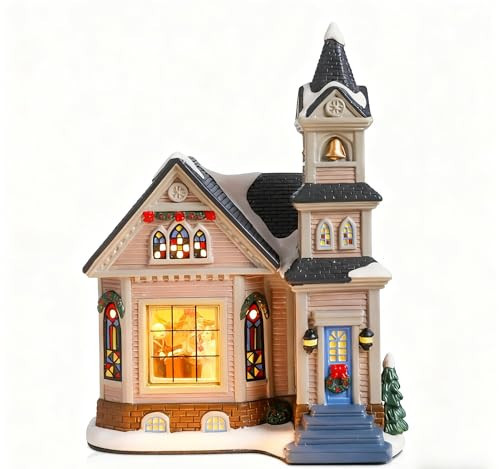 Bshine Christmas Village Huose Ceramic Decor, Lighed Christmas Village Church Happiness Ornaments, Collectible Building Xmas Figurine Holiday Indoor Decoration Home Desktop Gifts for Lovers and Family | Amazon (US)