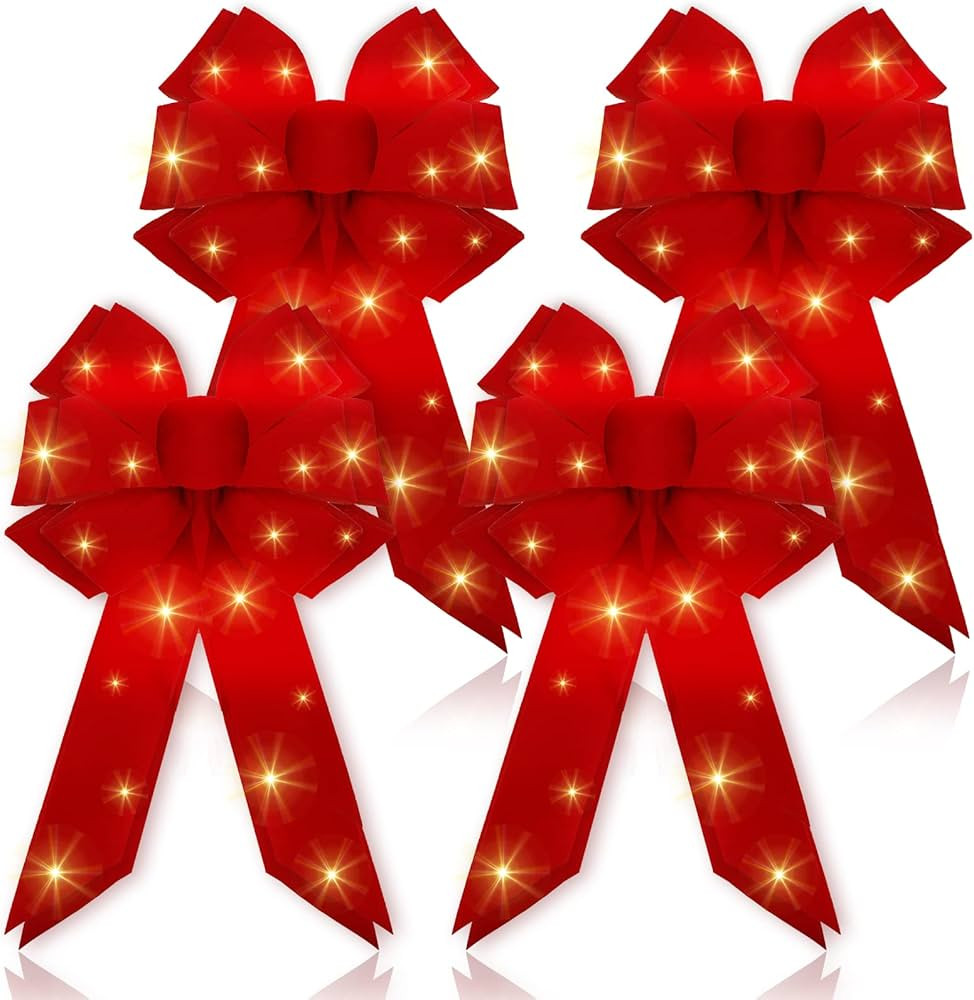 4 PCS LED Red Bows Christmas Decor 12'' x 18'' Xmas Lights Bows Prelit Christmas Big Wreath Bow w... | Amazon (US)