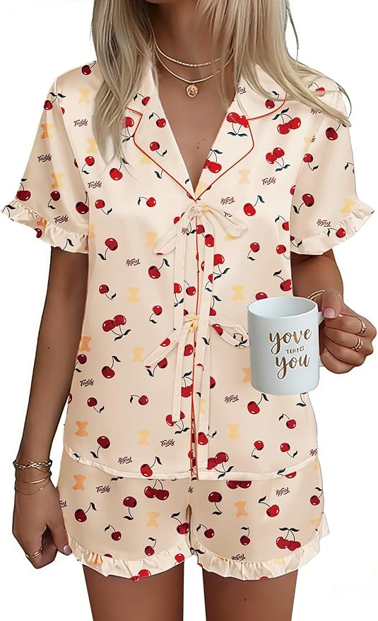 Ekouaer Satin Pajama for Women Short Sleeve Silky Pj Short Set Bow Front Tie Up Loungewear Sleepw... | Amazon (US)