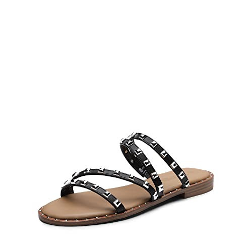 DREAM PAIRS Women's Clear Studded Rhinestone Slide Sandals Slip on Open Toe Cute Flat Sandals for Summer,Size 7.5,Black/PU/Rivet,SDSS2213W | Amazon (US)