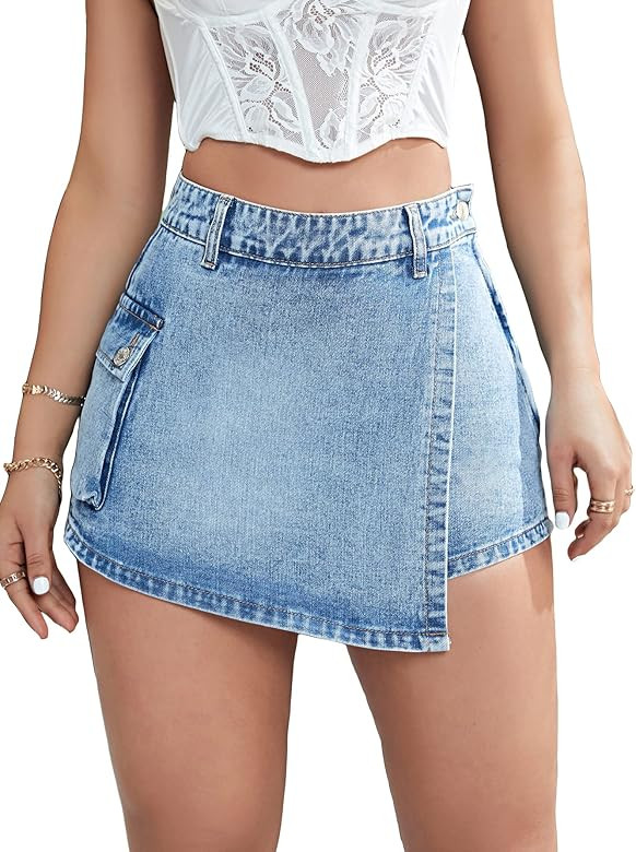 Floerns Women's Casual Drop Waist Denim Skort Skirt Shorts with Pockets | Amazon (US)