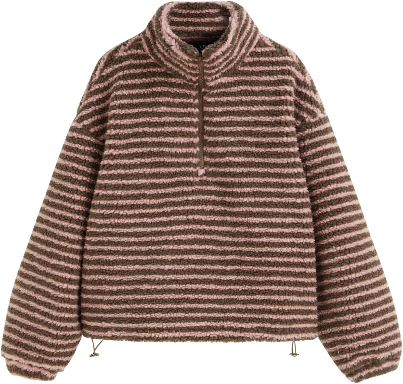 CIDER Fleece Half Zip Sweatshirt Stand Collar Striped Oversized | Amazon (US)