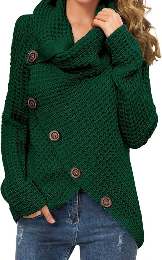 GRECERELLE Women's Casual Turtle Cowl Neck Asymmetric Hem Wrap Pullover Chunky Button Knit Sweate... | Amazon (US)