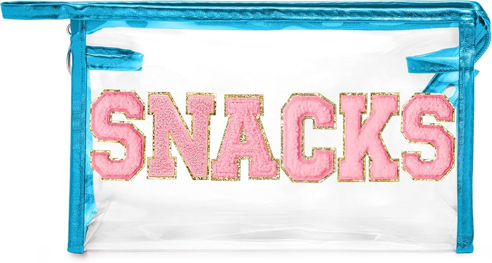 Y1tvei Large Clear SNACKS Pouch - Preppy Patch Pink Chenille Varsity Letter PVC Transparent Extra... | Amazon (US)