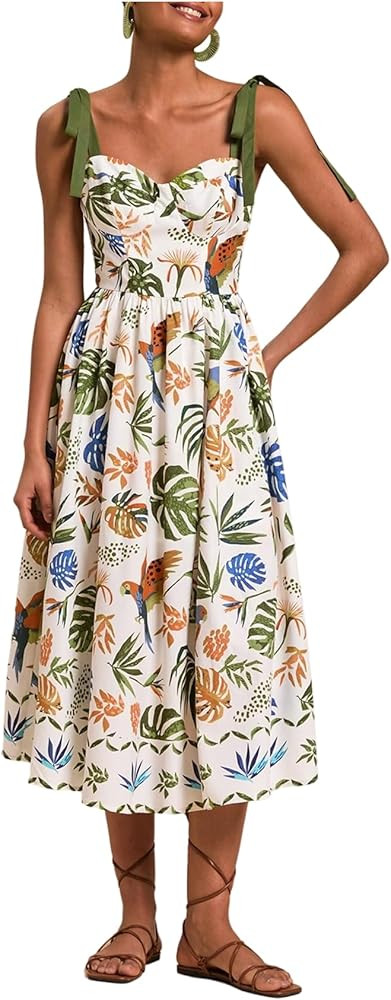 Floerns Women's Summer Tie Shoulder Midi Dress Tropical Smocked Ruffle Vacation Dresses | Amazon (US)