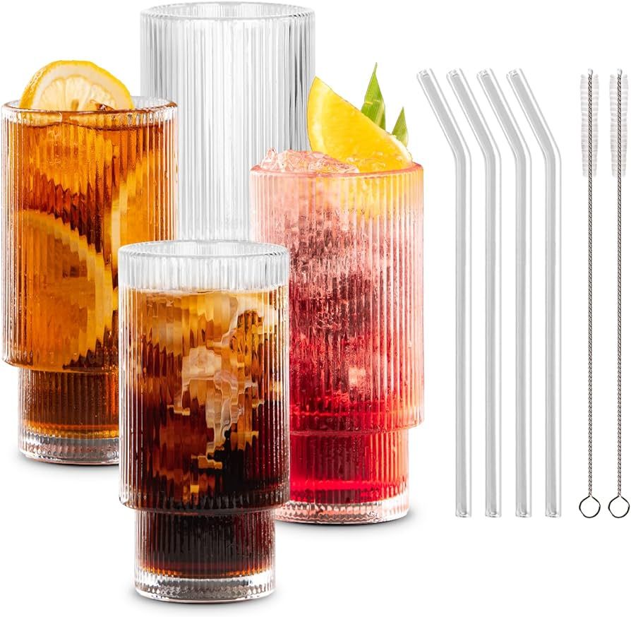 Combler Glass Cups with Straws, Drinking Glasses Set of 4, 11oz Cute Ribbed Glassware for Water C... | Amazon (US)