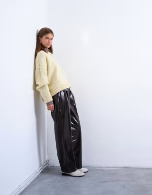 Topshop high shine high waist faux leather pleated straight leg pants in brown | ASOS | ASOS (Global)