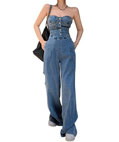 Women's Vintage High Rise Straight Denim Jumpsuit Sexy Strapless Backless Jeans Rompers,Blue,M | Amazon (US)