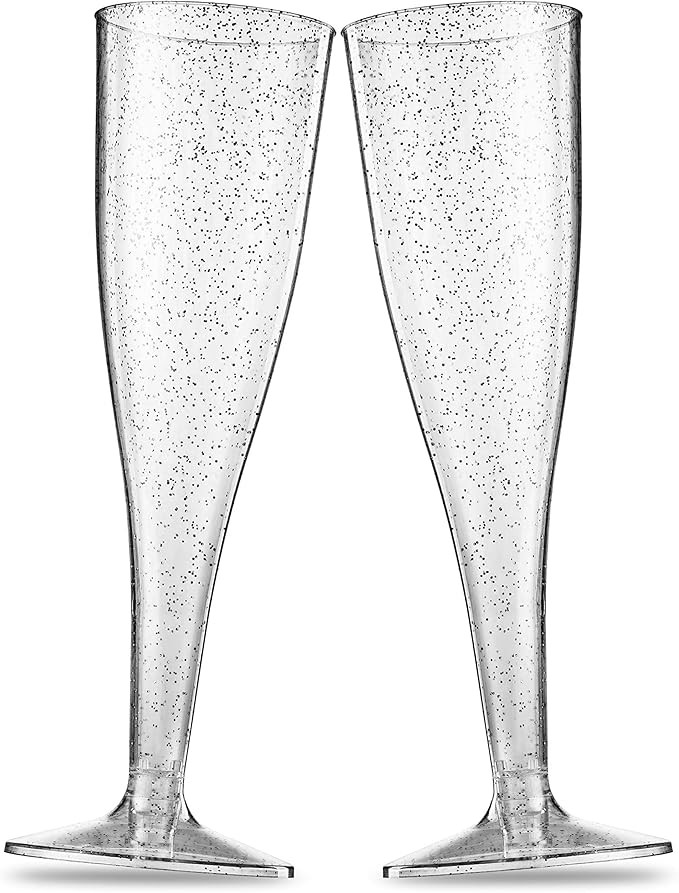 50 Plastic Champagne Flutes - Disposable Champagne Flute - Silver Glitter Plastic Champagne Glass... | Amazon (US)