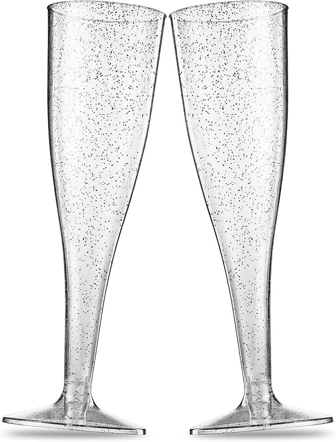 50 Plastic Champagne Flutes - Disposable Champagne Flute - Silver Glitter Plastic Champagne Glass... | Amazon (US)