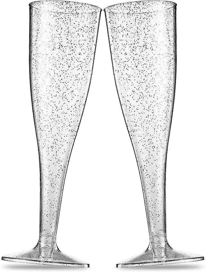50 Plastic Champagne Flutes - Disposable Champagne Flute - Silver Glitter Plastic Champagne Glass... | Amazon (US)