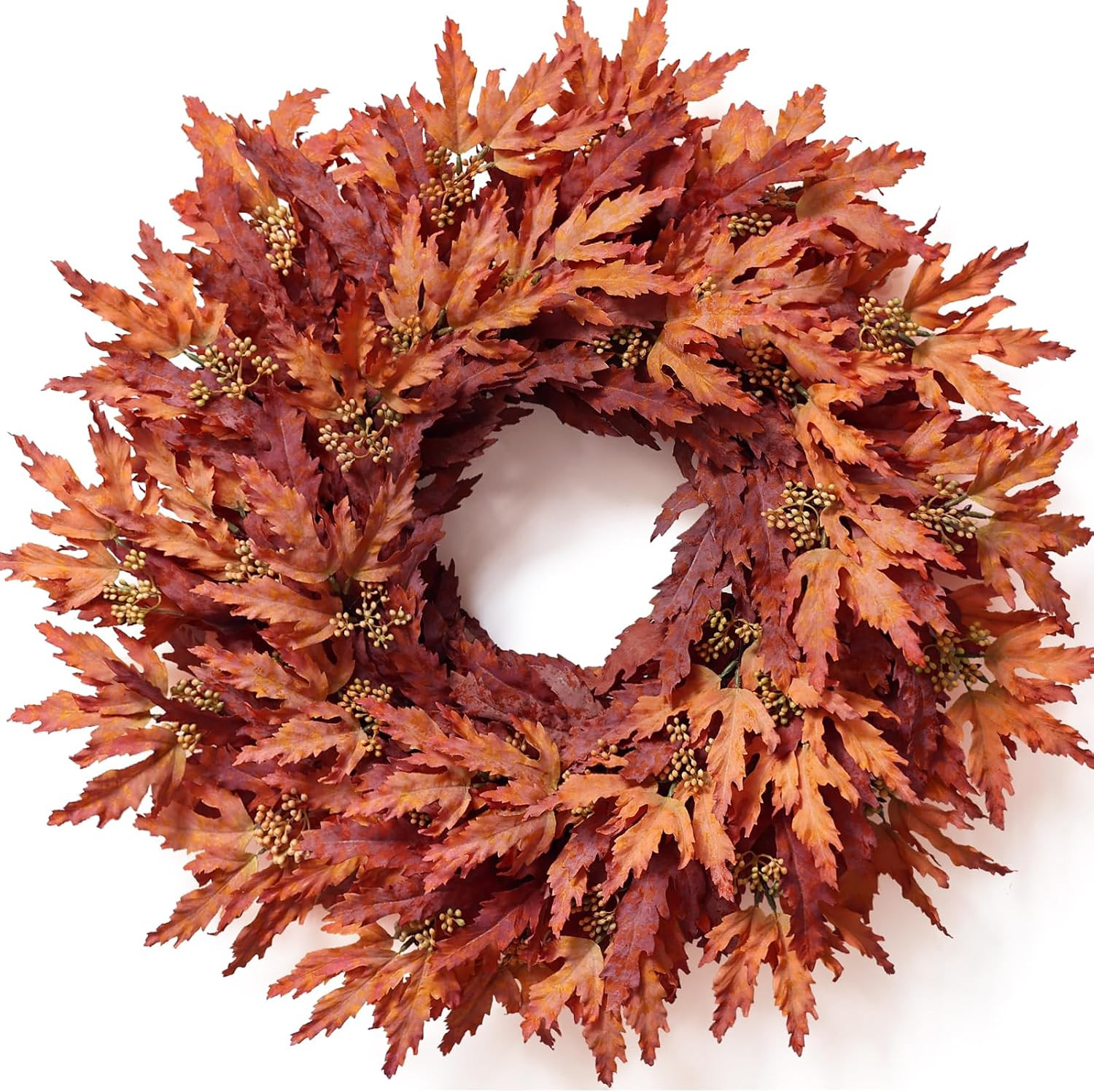 26" Artificial Fall Maple Leaves Wreath for Front Door Decor(Orange) | Fake Maple Leaves with See... | Amazon (US)