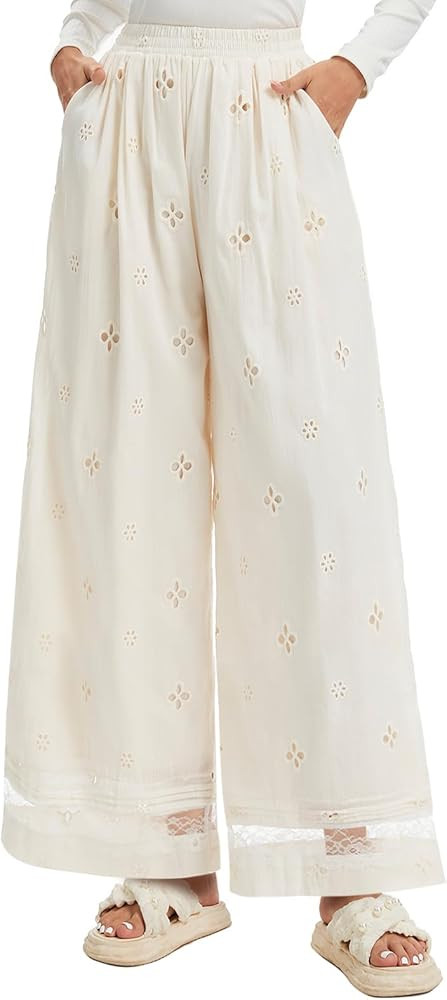 Women's Wide Leg Cotton Palazzo Pants with Eyelet Embroidery Elastic Waist Lace Trim | Amazon (US)