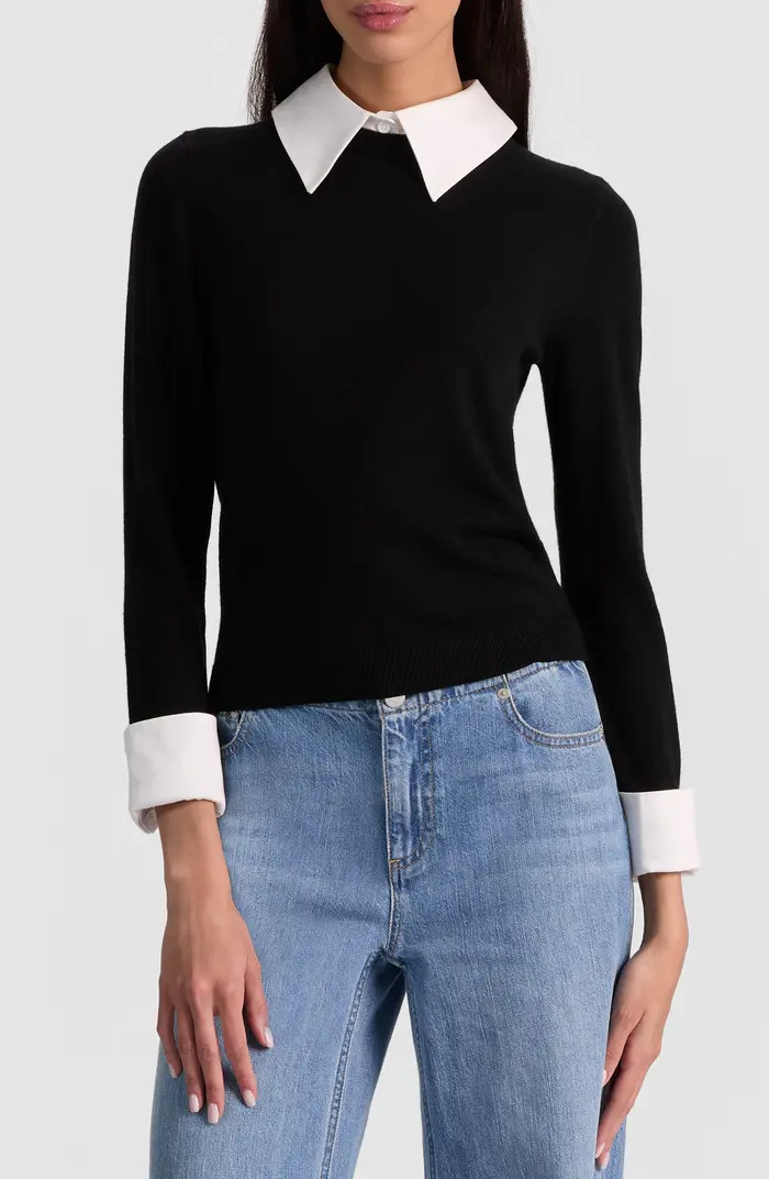 Alice + Olivia Porla Collared Wool Blend Mixed Media Sweater | Nordstrom | Nordstrom