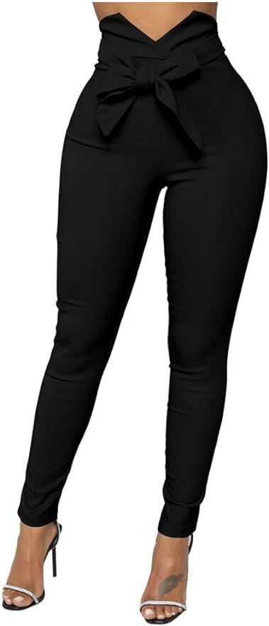 XXTAXN Women's Casual High Waist Stretch Trousers Solid Pencil Pants with Tie | Amazon (US)