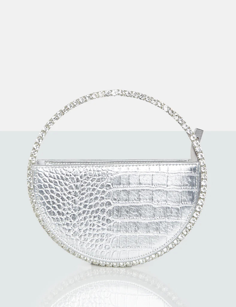 The Alessia Silver Croc Pu Circle Diamante Grab Bag | Public Desire