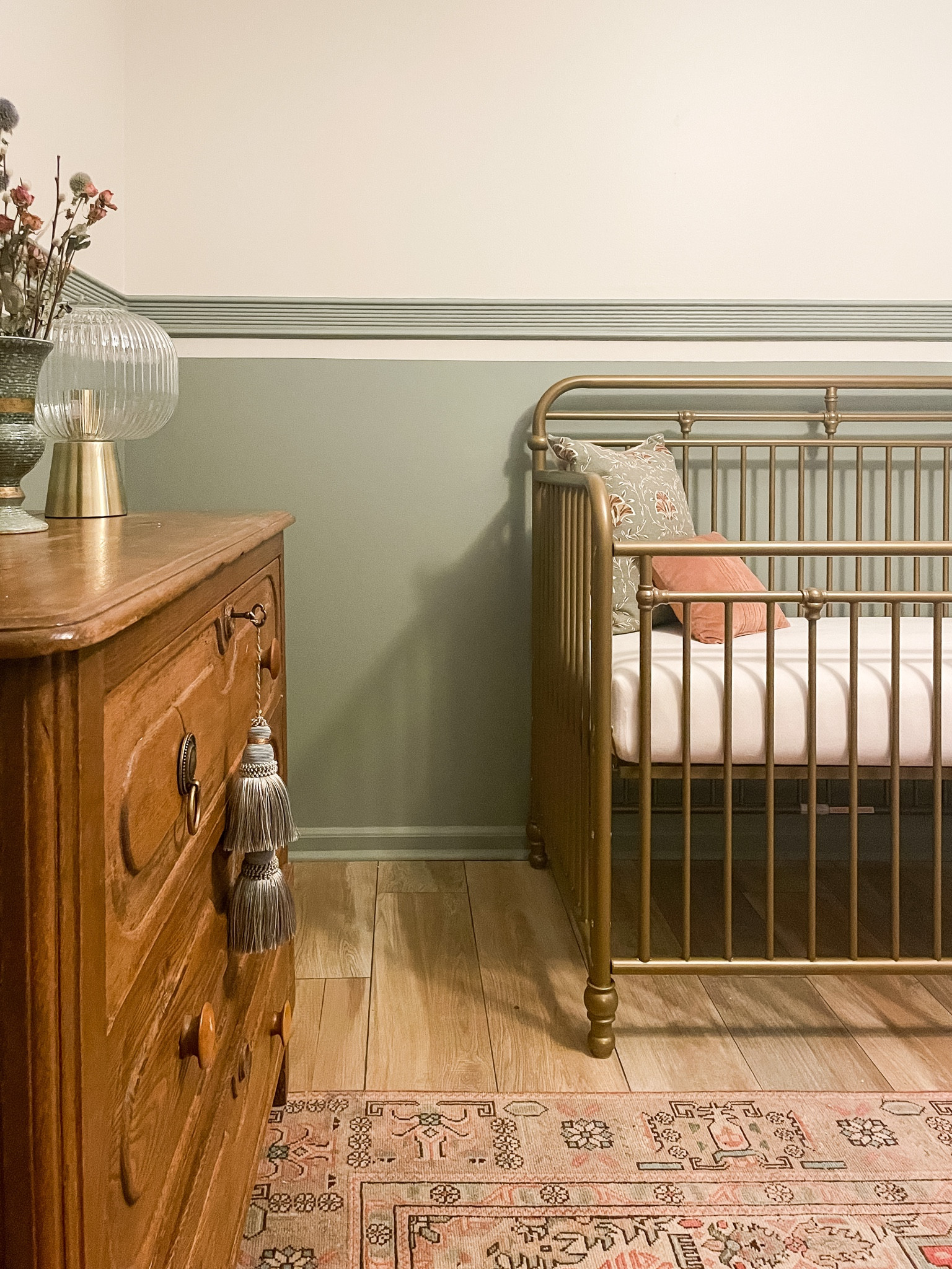 DIY fluted wall moulding 
Gender neutral Sage green nursery
Evergreen fog
Gold crib 
Home decor 


#LTKhome #LTKbaby #LTKbump