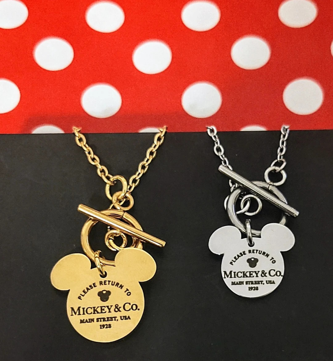 Please Return To Mickey and Co Engraved Mickey Stainless Steel & Gold Charm Link Park Necklace w/... | Etsy (US)