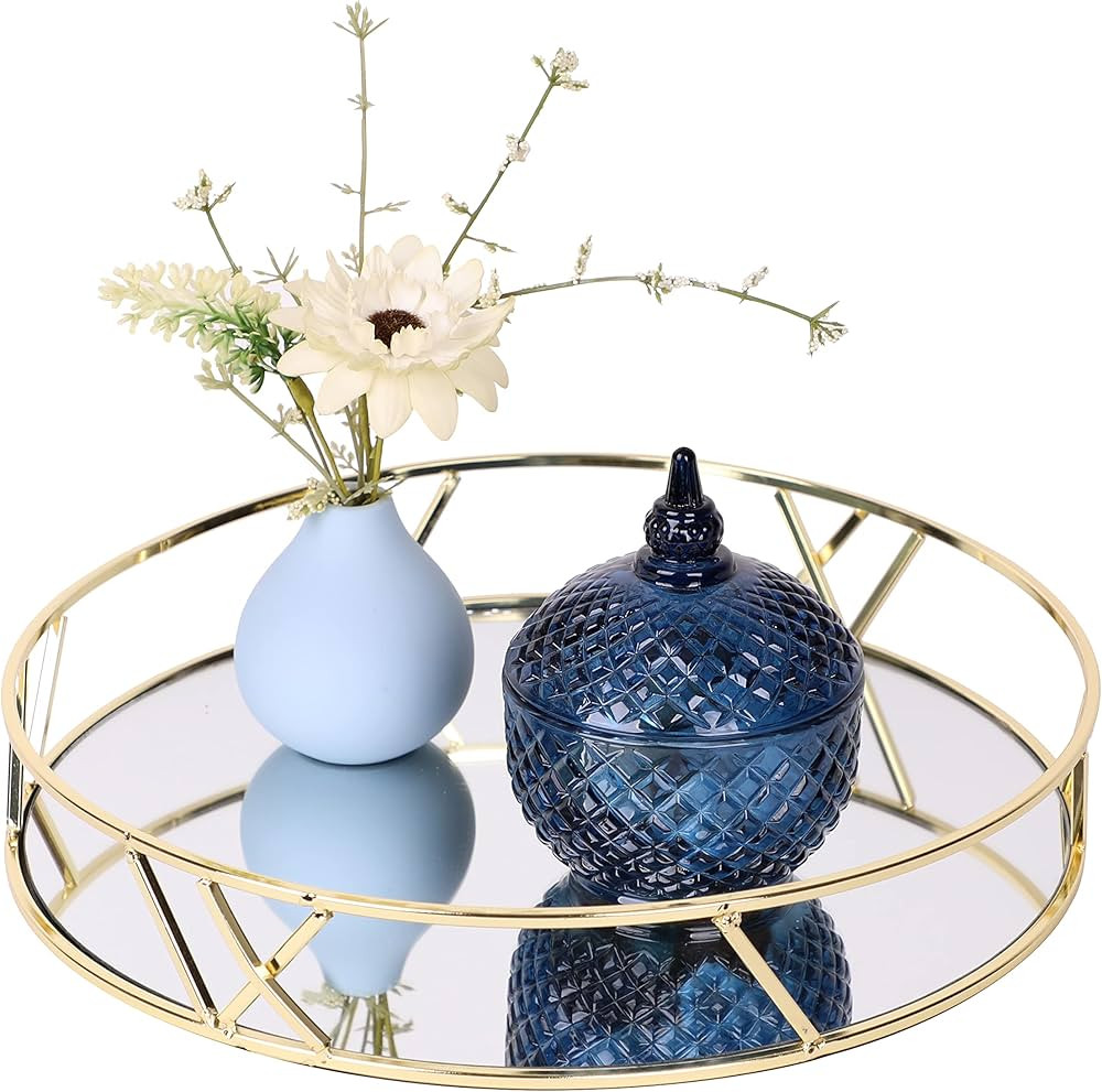 Mirror Decorative Tray, Gold Metal Serving Tray, Round Vanity Tray for Perfume, Cosmetics, Magazi... | Amazon (US)