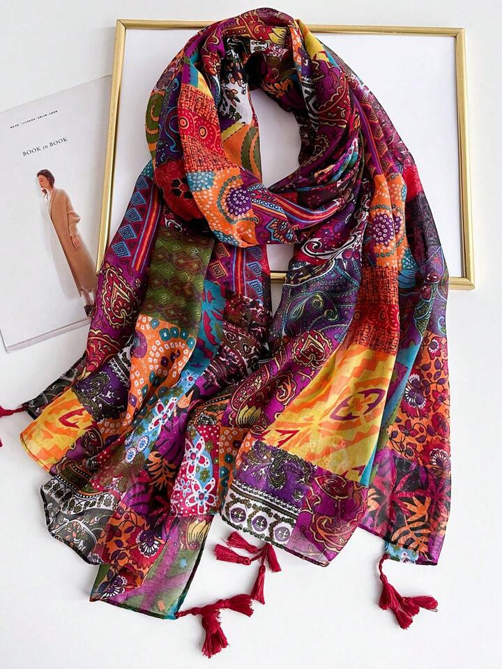 Soft And Breathable Scarf For Women, Lightweight Warm Colorful Print Shawl With Tassels, Perfect ... | SHEIN