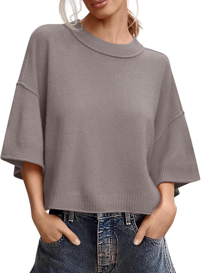 Women's Short Sleeve Cropped Sweaters 2025 Summer Oversized Loose Fit Drop Shoulder Casual Sweate... | Amazon (US)