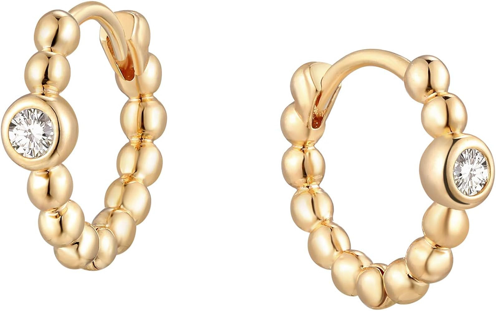 MTMY Huggie Hoop Earrings 14K Gold Plated Cubic Zirconia Dainty Simple Cute Beads Elegant CZ Circ... | Amazon (US)