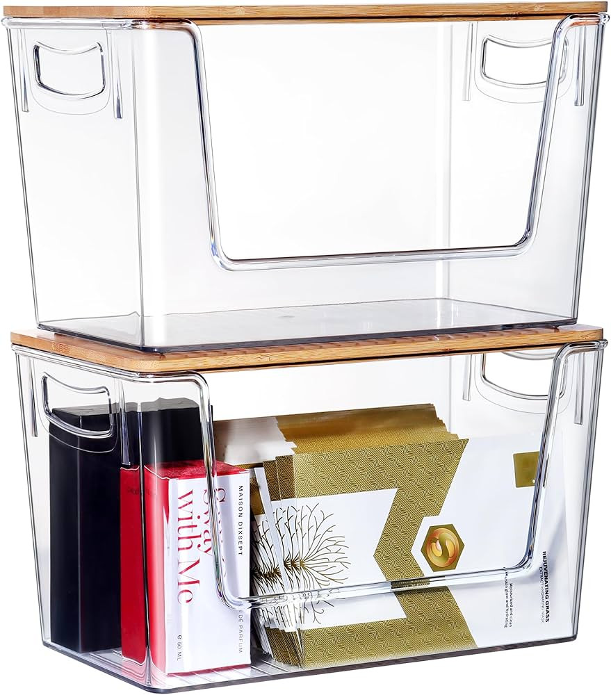Hudgan Stackable Storage Container Bins Clear Plastic Open Front Storage Bins with Bamboo Lids fo... | Amazon (US)