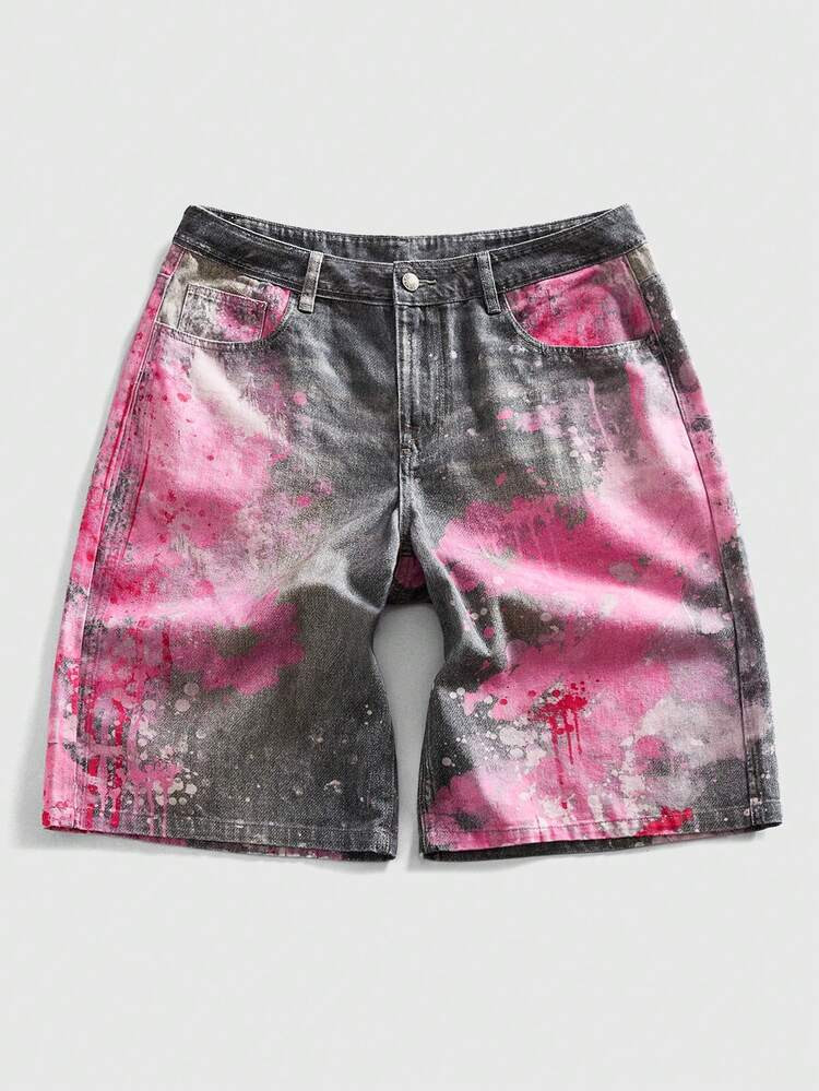 ROMWE MEN Street Life Men's Casual Washed Tie-Dye Print Denim Shorts | SHEIN