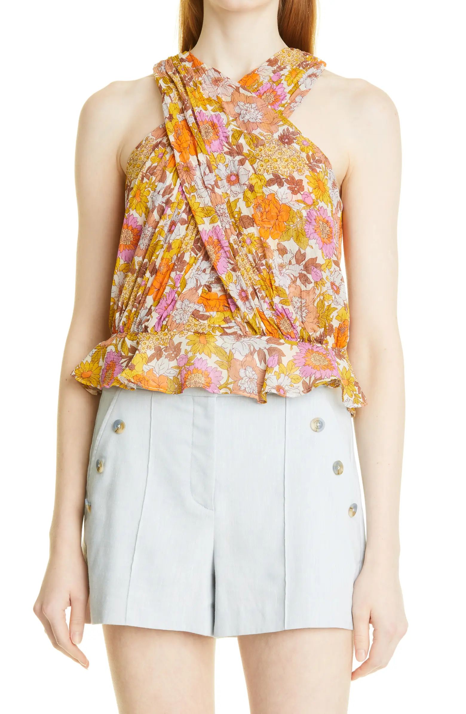 Veronica Beard Kailani Floral Print Crossover Silk Halter Top | Nordstrom | Nordstrom