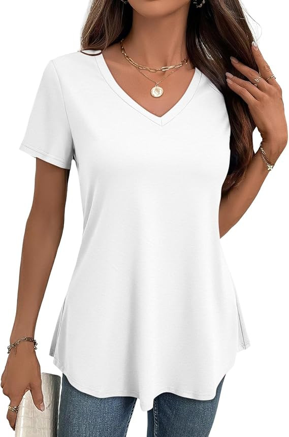JUSTFASHIONNOW Women's Flowy V-Neck Tunic Tops Summer Beach Loose Short Sleeve Casual Basic T Shi... | Amazon (US)