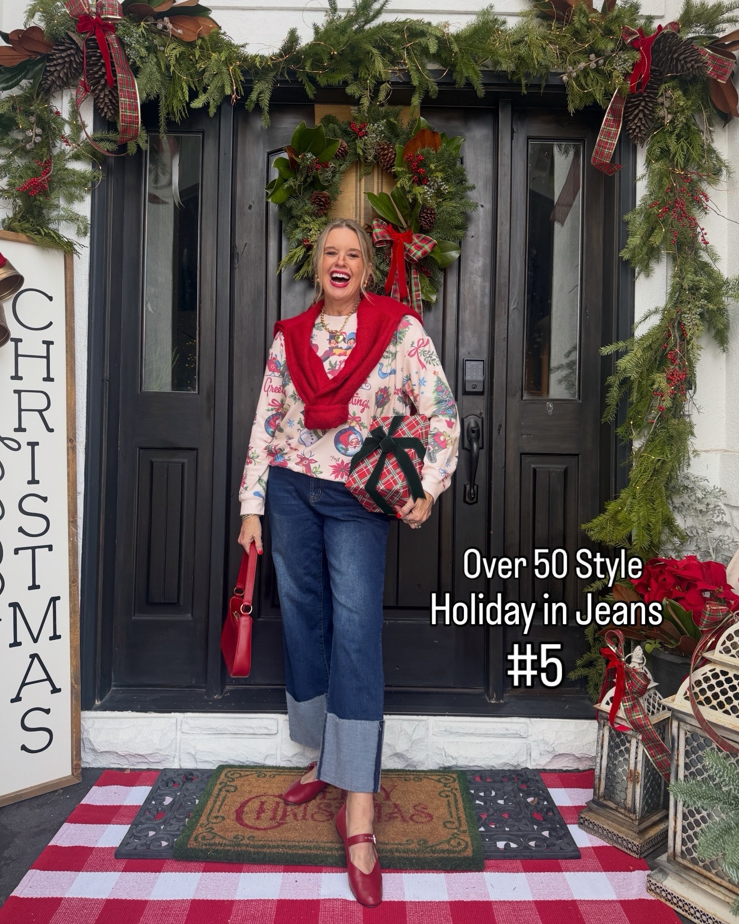 Holiday in Jeans
#5 in the series…

This girl loves Bling and any occasion to get dressed up or overdressed ❤️🎀🌲

But, I also love denim like most of us do!… I am sharing a series of “Holiday in Denim”

These looks are perfect for….
CEO -Christmas Errands Outfit
-HolidaySocial events that aren’t necessarily a party..

-like a cookie swap
-Christmas shopping
-Helping at school
-Child’s school play or recital 
-Grabbing  coffee with a friend
-Local Boutique Pen House
-Seeing Santa
-Christmas tree lighting
-Neighborhood light tour

You get the picture🌲🎅🏻🎄🍭❤️🎀

Today is a more casual look, but still festive….

Vintage postcard print , light weight sweatshirt ❤️🎀🌲
Amazon find, fits tts in a med 

Dark denim with large cuff jeans under $40 Amazon find tts in med 

Red leather Mary Jane’s by Madewell  (other colors available) red sold out 
I linked another pair that is the same and close to same price instock tts 

Red cable knit sweater v neck Amazon find, fits tts 

Red Laudi vindi leather bag 

Gold heart charm & necklace Allie & Bess save 20% with DARCY20 

Earrings a from lisi lurch 


-

#LTKHoliday #LTKFindsUnder50 #LTKOver40