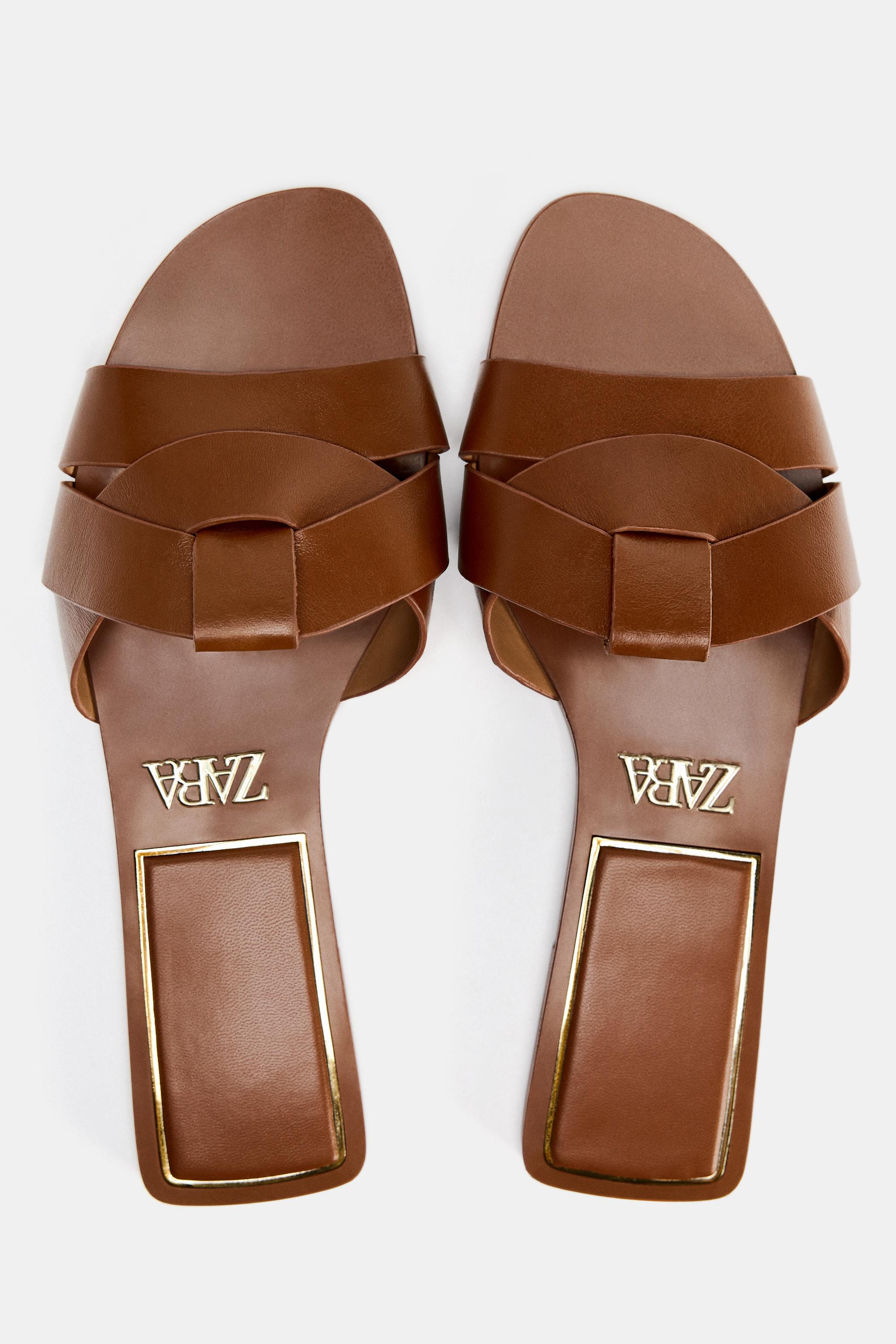 FLAT CROSSED LEATHER SANDALS | Zara US